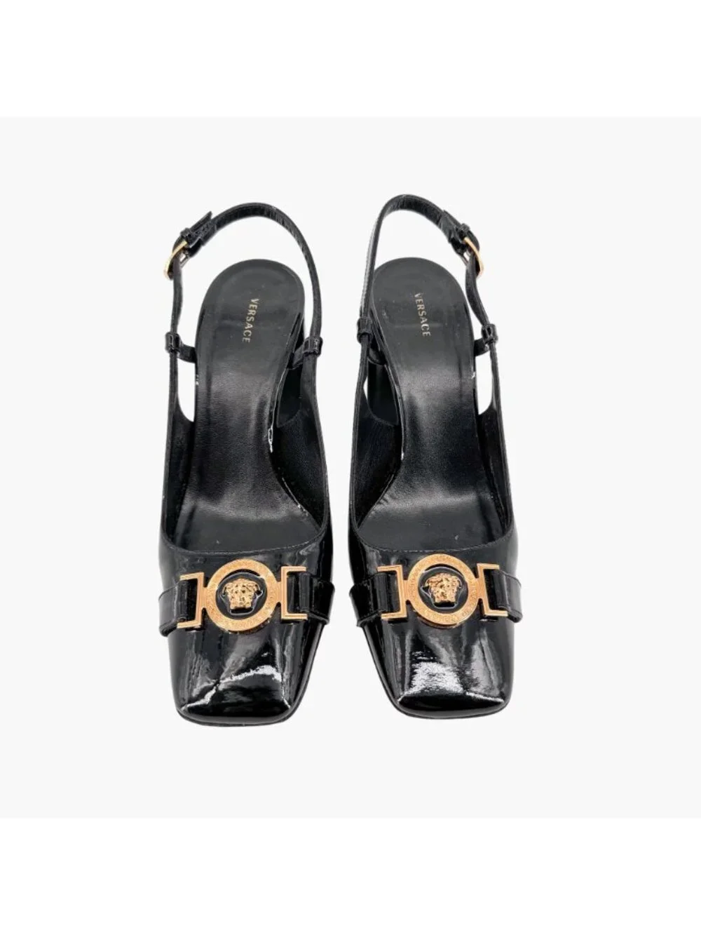 Versace Medusa Slingback Pumps Size 37 US 7 Black Patent Leather Block Heel